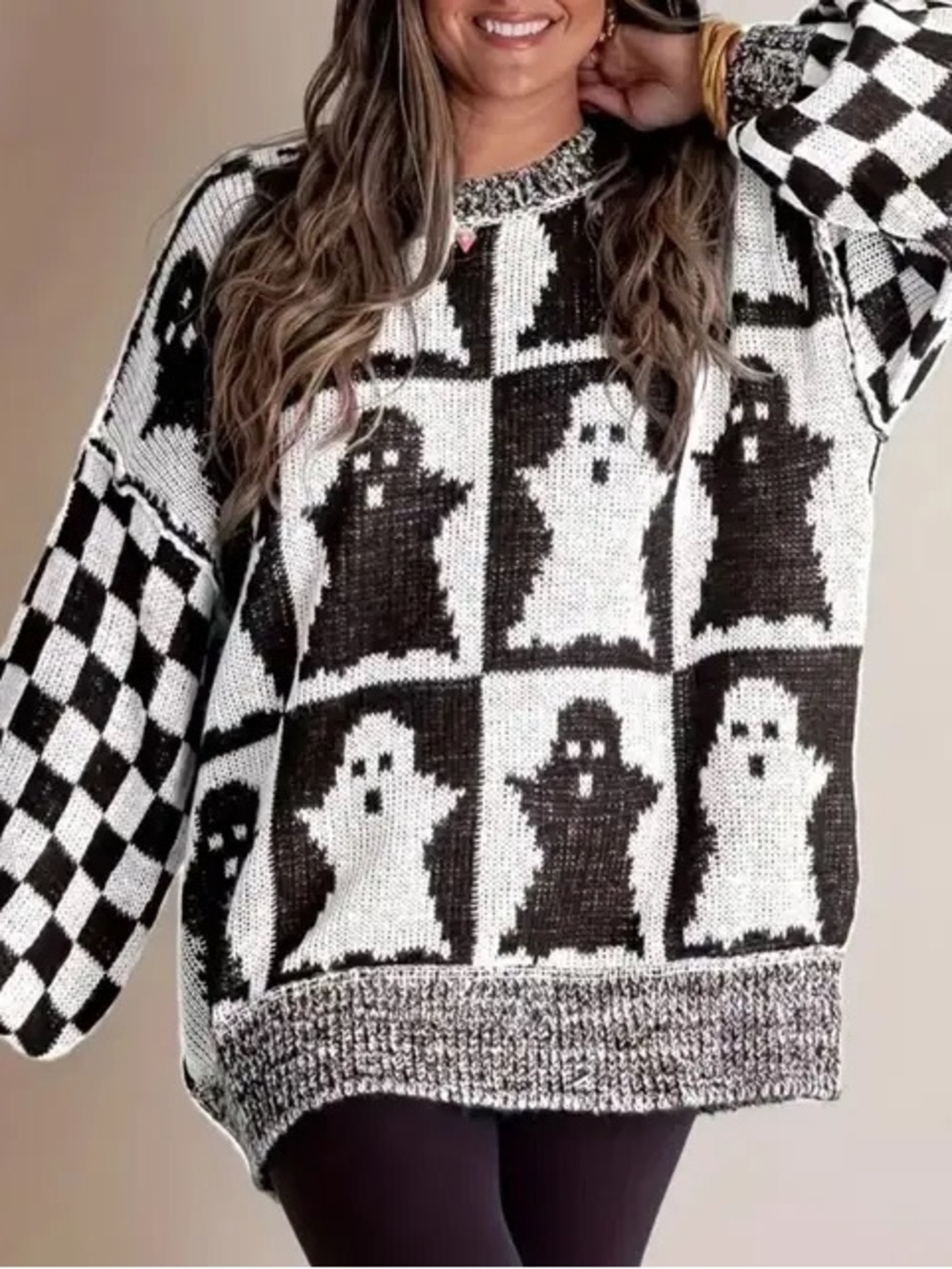 Fantastic Fawn Halloween Ghost Checkered Sweater 👻